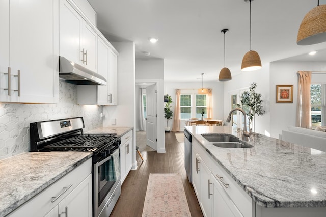 kitchen with a kitchen island with sink, under cabinet range hood, a sink, tasteful backsplash, and appliances with stainless steel finishes