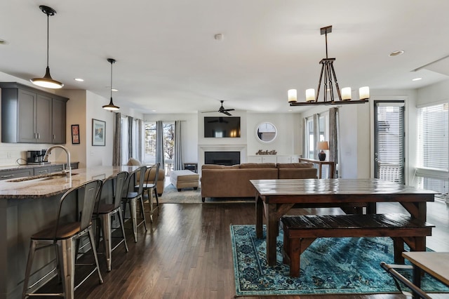 dining space featuring dark wood-style floors, plenty of natural light, a fireplace, and a ceiling fan