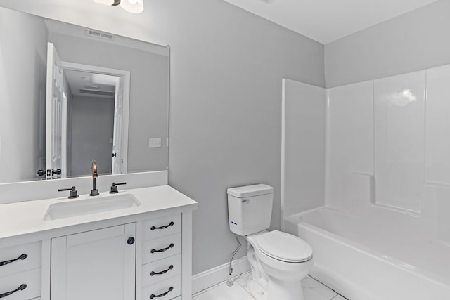 bathroom with visible vents, toilet, marble finish floor, baseboards, and vanity