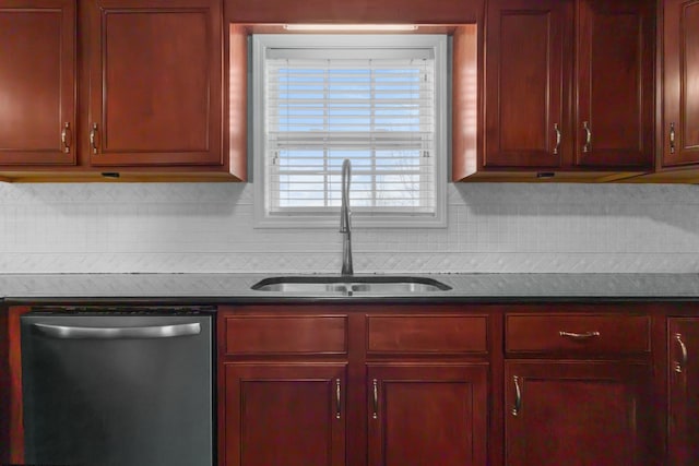 kitchen featuring dark countertops, dark brown cabinets, decorative backsplash, stainless steel dishwasher, and a sink