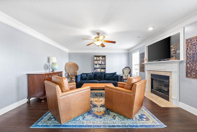 living area featuring ornamental molding, ceiling fan, and dark wood-style flooring