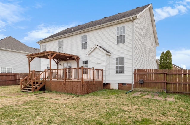 back of house featuring a deck, a lawn, a pergola, and a fenced backyard