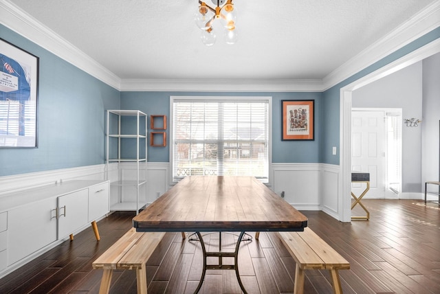 dining room featuring a wealth of natural light, a wainscoted wall, a notable chandelier, and dark wood-style flooring