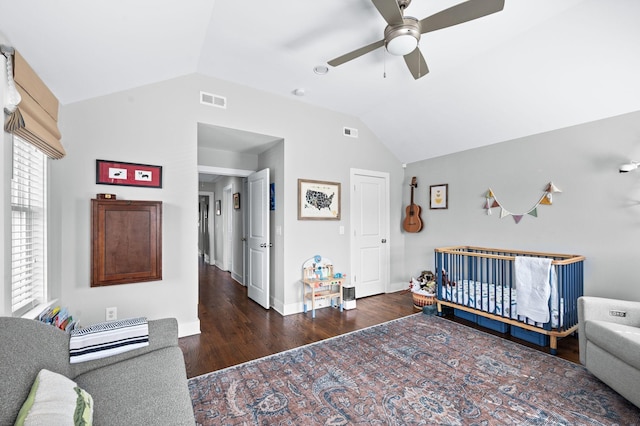 bedroom with visible vents, wood finished floors, a ceiling fan, and vaulted ceiling