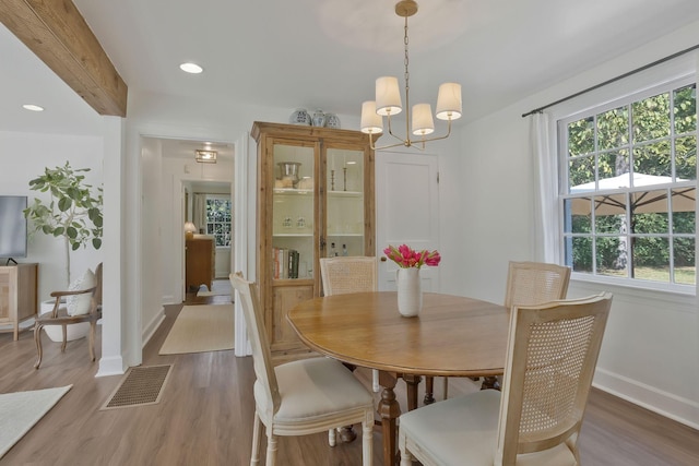 dining space featuring visible vents, recessed lighting, baseboards, and wood finished floors