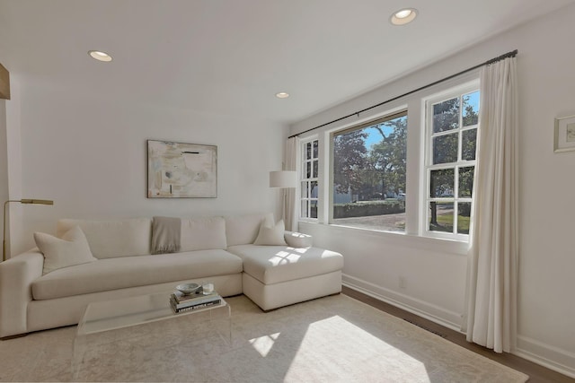 living area with wood finished floors, recessed lighting, and baseboards