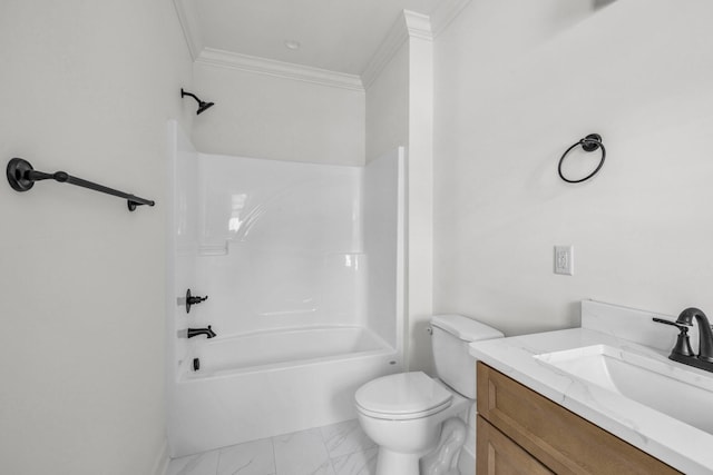 bathroom featuring crown molding, toilet, bathtub / shower combination, marble finish floor, and vanity