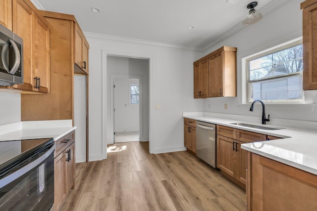 kitchen featuring brown cabinets, stainless steel appliances, crown molding, and a sink