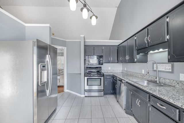 kitchen with open shelves, light tile patterned flooring, a sink, appliances with stainless steel finishes, and crown molding