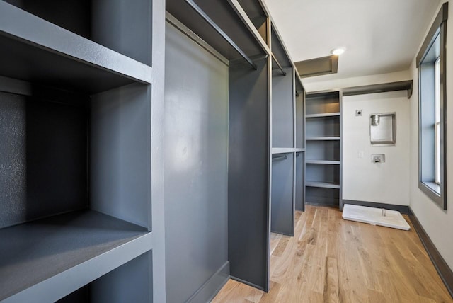 walk in closet with light wood-type flooring