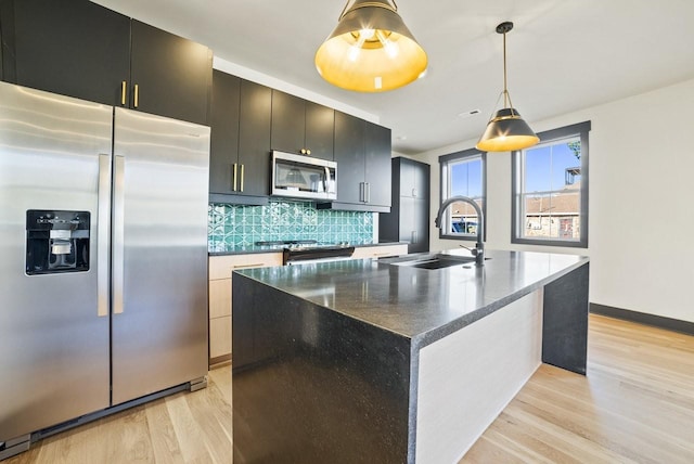 kitchen featuring a sink, decorative backsplash, appliances with stainless steel finishes, light wood-style floors, and a kitchen island with sink