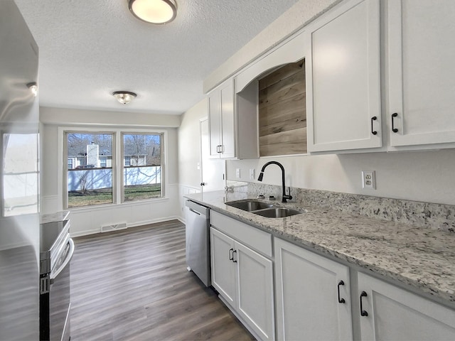 kitchen with white cabinets, visible vents, appliances with stainless steel finishes, and a sink