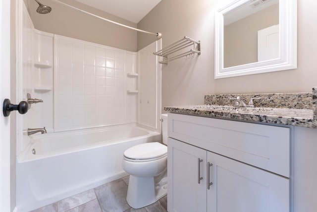 full bath featuring vanity, toilet, visible vents, and shower / washtub combination