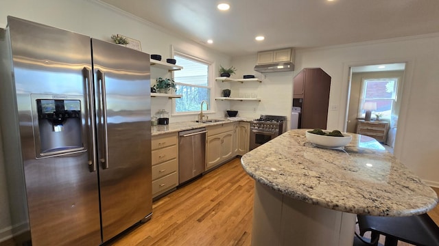 kitchen with open shelves, light wood-style flooring, a sink, under cabinet range hood, and appliances with stainless steel finishes