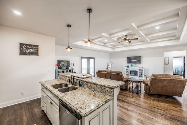 kitchen with open floor plan, dishwasher, french doors, a ceiling fan, and a sink