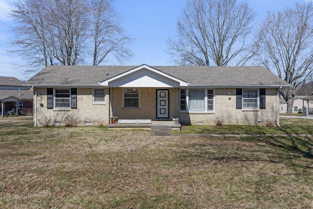 ranch-style house with a front yard, roof with shingles, a porch, crawl space, and brick siding