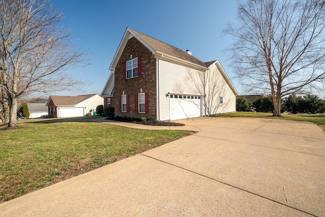 view of property exterior featuring a lawn, driveway, a garage, brick siding, and a chimney