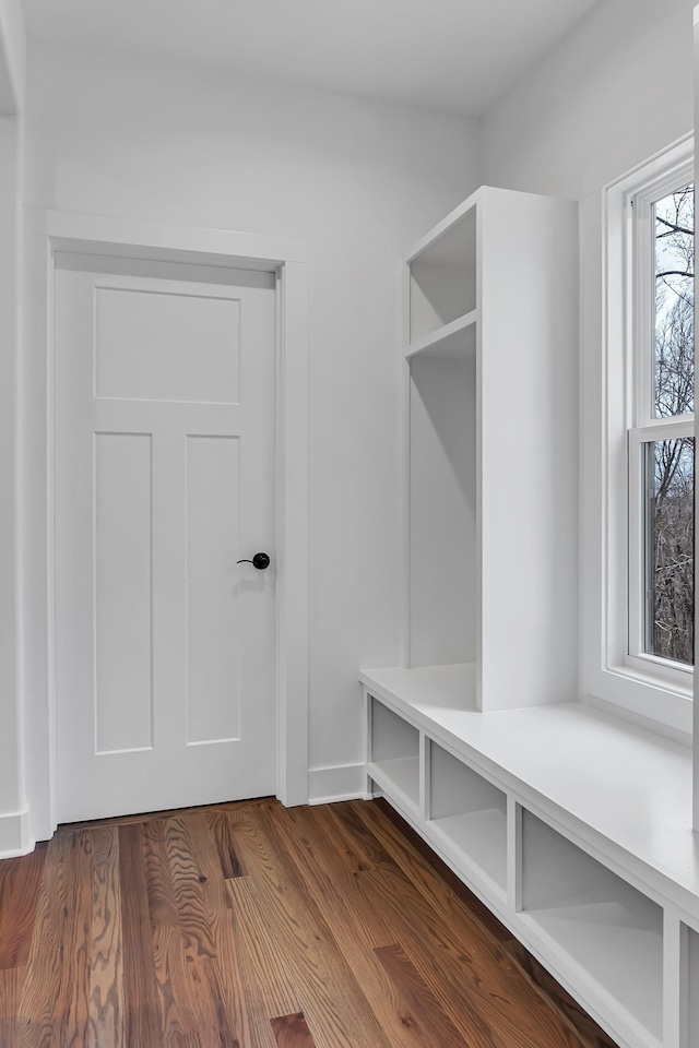 mudroom with dark wood finished floors