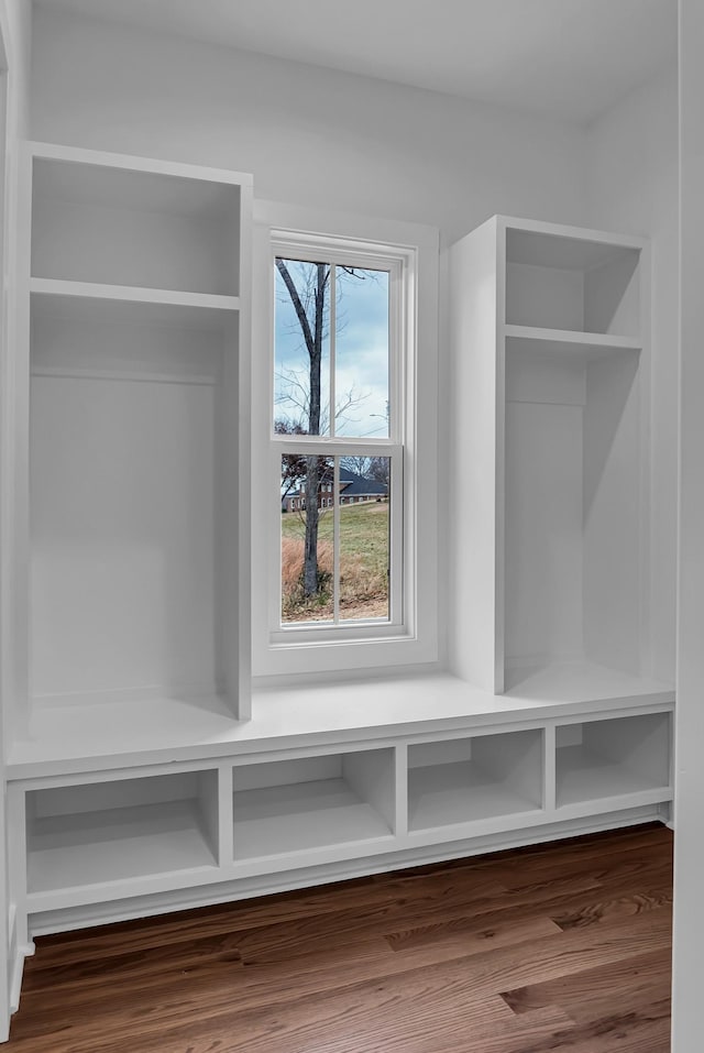 mudroom with dark wood finished floors