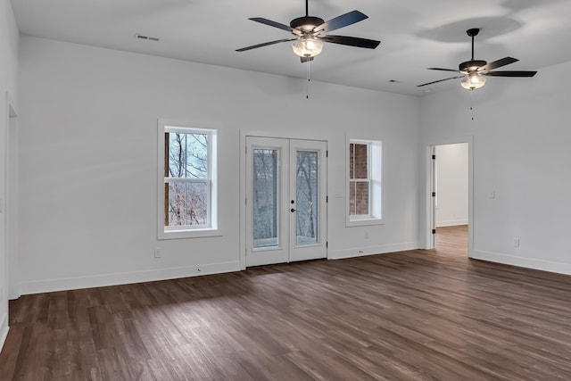 entryway featuring visible vents, ceiling fan, baseboards, french doors, and dark wood-style floors