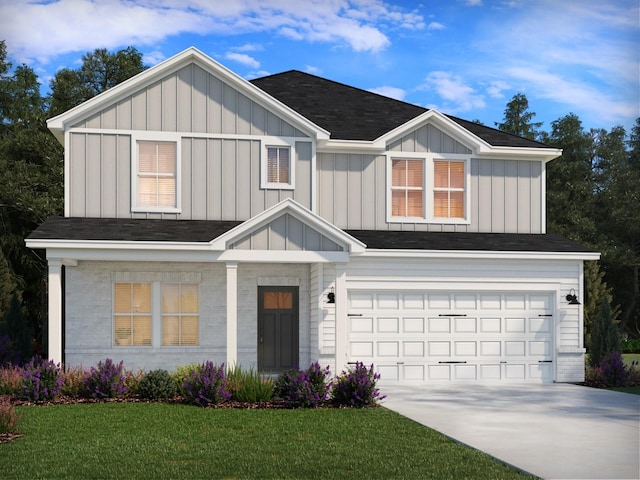 view of front of house featuring concrete driveway, a garage, brick siding, and board and batten siding