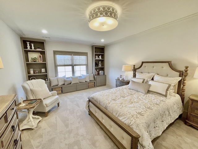 bedroom featuring crown molding, recessed lighting, visible vents, and light carpet