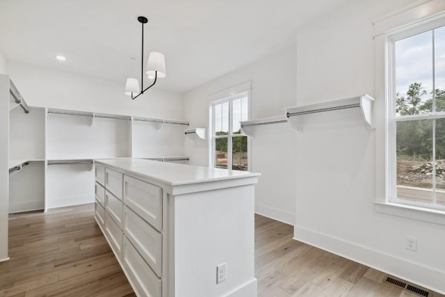 walk in closet with visible vents and light wood finished floors