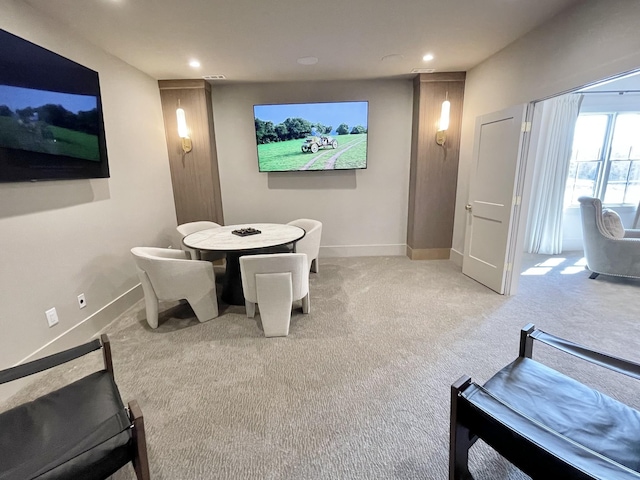 dining area with carpet flooring, recessed lighting, and baseboards