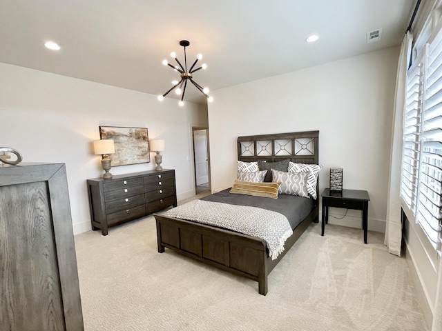 bedroom with recessed lighting, baseboards, light carpet, and a notable chandelier