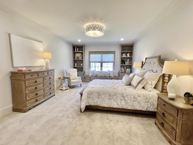 bedroom with recessed lighting, baseboards, light colored carpet, and ornamental molding