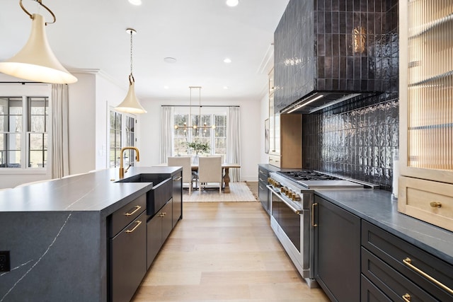 kitchen with tasteful backsplash, dark countertops, high end stove, light wood-type flooring, and a sink