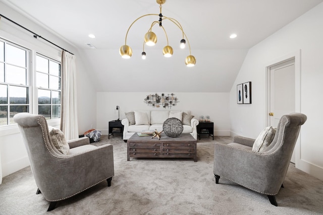 living room with vaulted ceiling, carpet flooring, and baseboards