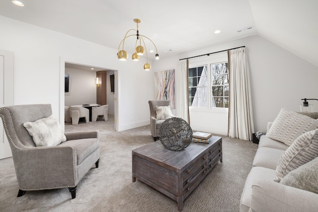 living room with vaulted ceiling, recessed lighting, visible vents, and light carpet