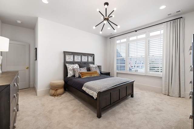 bedroom with visible vents, baseboards, an inviting chandelier, recessed lighting, and light colored carpet