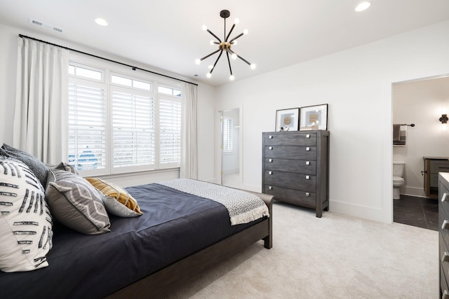 bedroom with recessed lighting, visible vents, light colored carpet, and an inviting chandelier