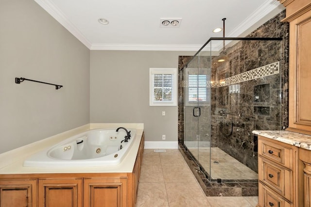 full bathroom featuring visible vents, a jetted tub, a shower stall, crown molding, and baseboards