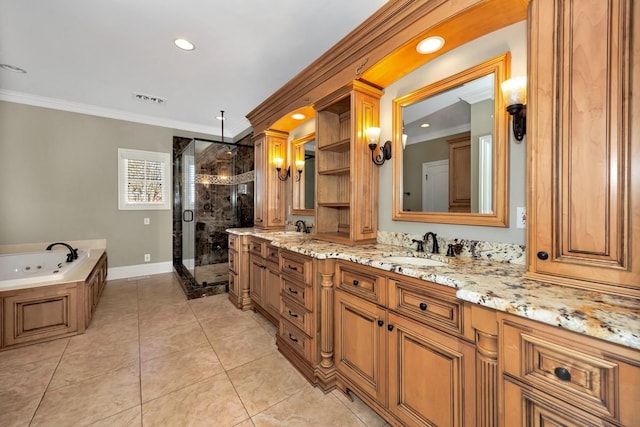 bathroom with a sink, visible vents, a shower stall, and crown molding