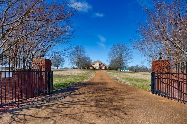 view of road with aphalt driveway, a gated entry, and a gate