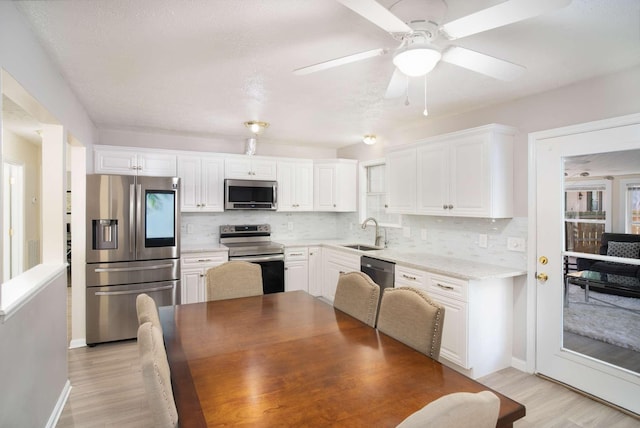 kitchen featuring white cabinets, backsplash, appliances with stainless steel finishes, and a sink