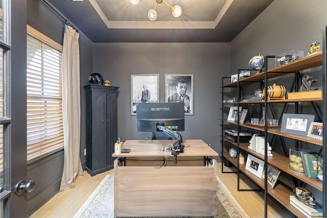 interior space featuring a raised ceiling and wood finished floors