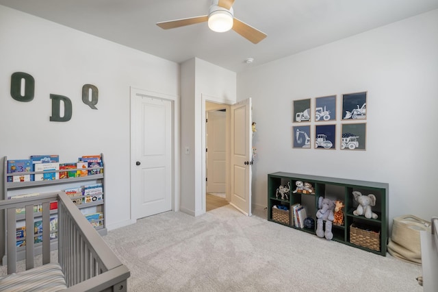 bedroom with ceiling fan and carpet flooring