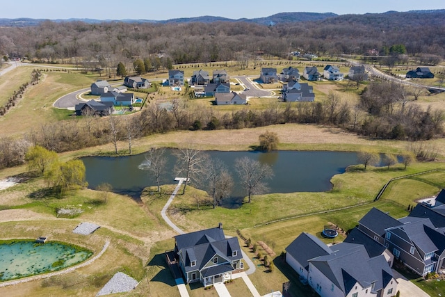 bird's eye view featuring a water view and a residential view