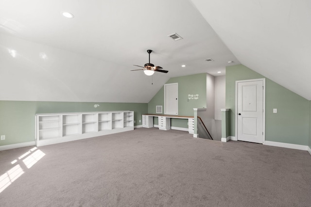 bonus room with visible vents, recessed lighting, baseboards, carpet floors, and lofted ceiling