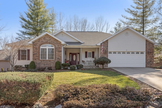 single story home with driveway, a front lawn, a porch, an attached garage, and brick siding