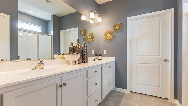 bathroom featuring visible vents, double vanity, a stall shower, tile patterned floors, and a sink