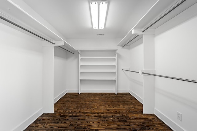 spacious closet featuring visible vents and dark wood-type flooring