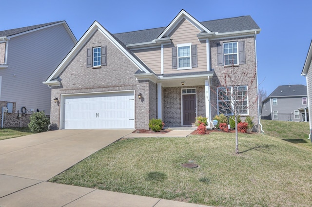 traditional-style home with brick siding, a shingled roof, a front lawn, concrete driveway, and an attached garage