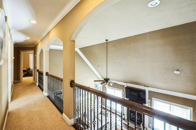 hallway with baseboards, a healthy amount of sunlight, carpet flooring, and crown molding