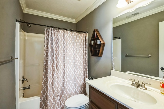 full bathroom with vanity, visible vents, shower / bath combo, crown molding, and toilet