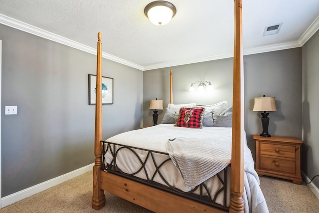 bedroom featuring visible vents, baseboards, carpet floors, and ornamental molding